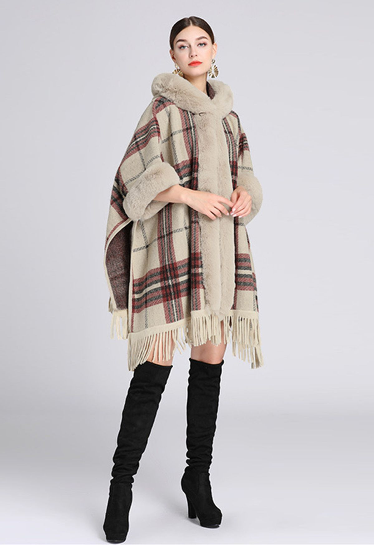 Plaid Fringe Faux Fur Hooded Poncho in Camel | Chicwish