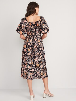 Puff-Sleeve Floral-Print Pintucked Smocked Midi Swing Dress for Women | Old Navy (US)