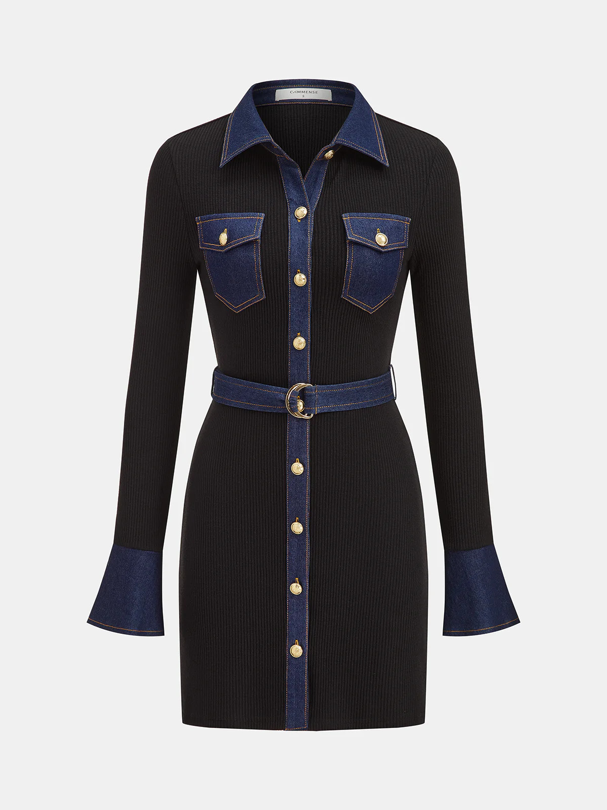 Belted Denim Panel Ribbed Knit Mini Dress | Commense