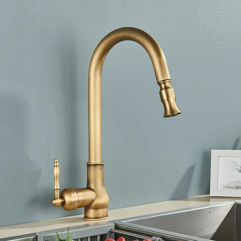 Antique BrassPull Out Kitchen Sink Faucet Single Hole Single Handle Waterfall Mixer Tap | Wayfair North America