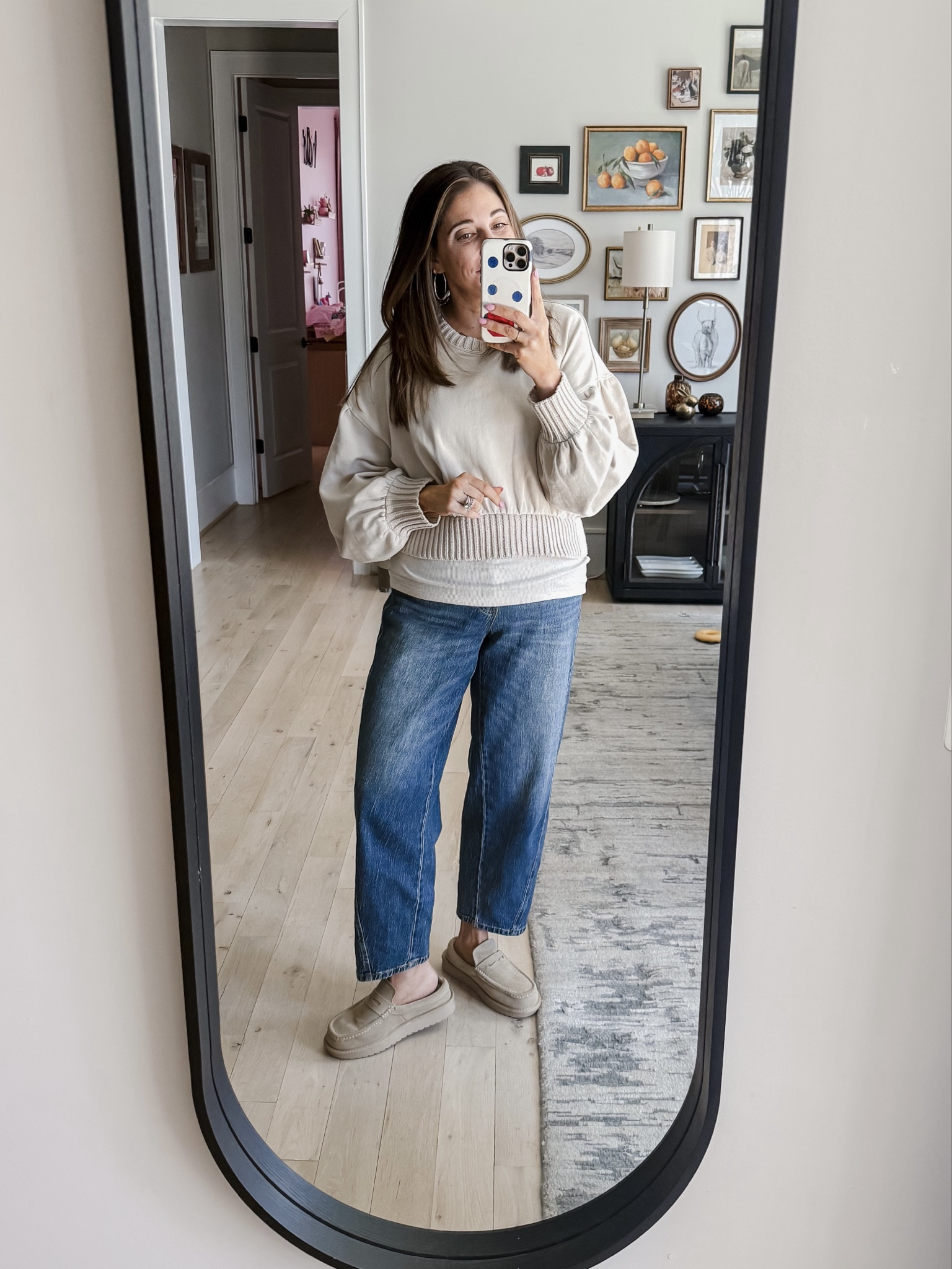 What I wore for hair day! You sit in a chair and stare at yourself for 3 hours, you need to like how you look. Especially when you’re walking out with perfect hair! Ya know? Found this top on the Anthro clearance rack but I saw there’s still some online! 
Top L / Undershirt tank M / Jeans 10 / Sherpa loafer slides tts 

#LTKootd #LTKMidsize #LTKSaleAlert