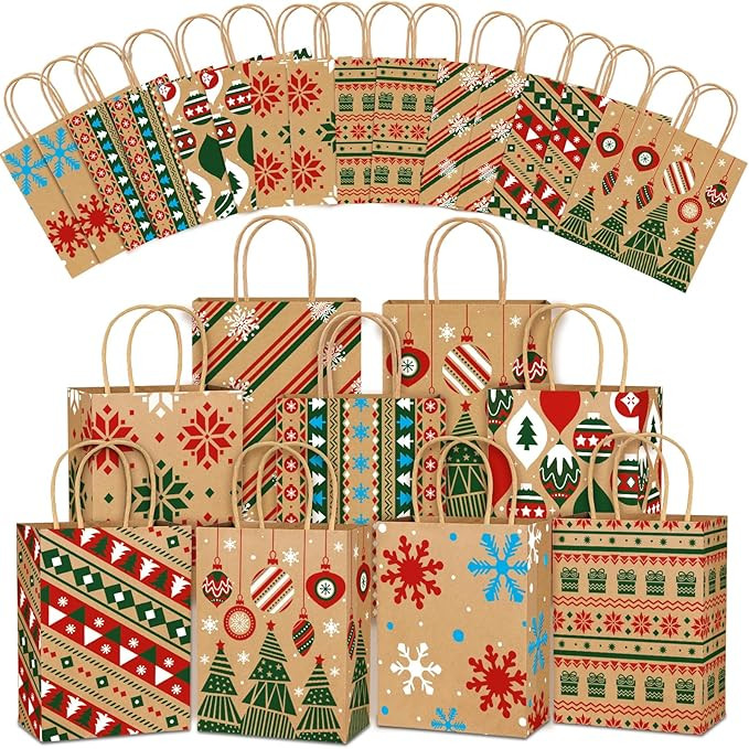 Vellibring 24pcs Christmas Kraft Gift Bags,Xmas Paper Bags with Handle Goody Bags Medium Xmas Ass... | Amazon (US)