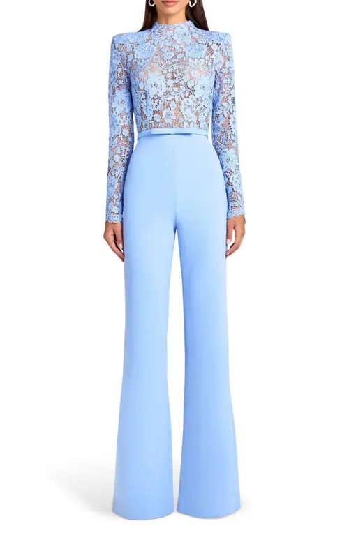 NADINE MERABI Maddie Lace Long Sleeve Wide Leg Jumpsuit in Light/Pastel Blue at Nordstrom, Size 10 | Nordstrom