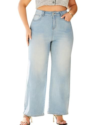High Waisted Wide Leg Jeans for Women Plus Size Baggy Jeans Stretchy Straight Leg Denim Pants High Rise Light Blue | Amazon (US)