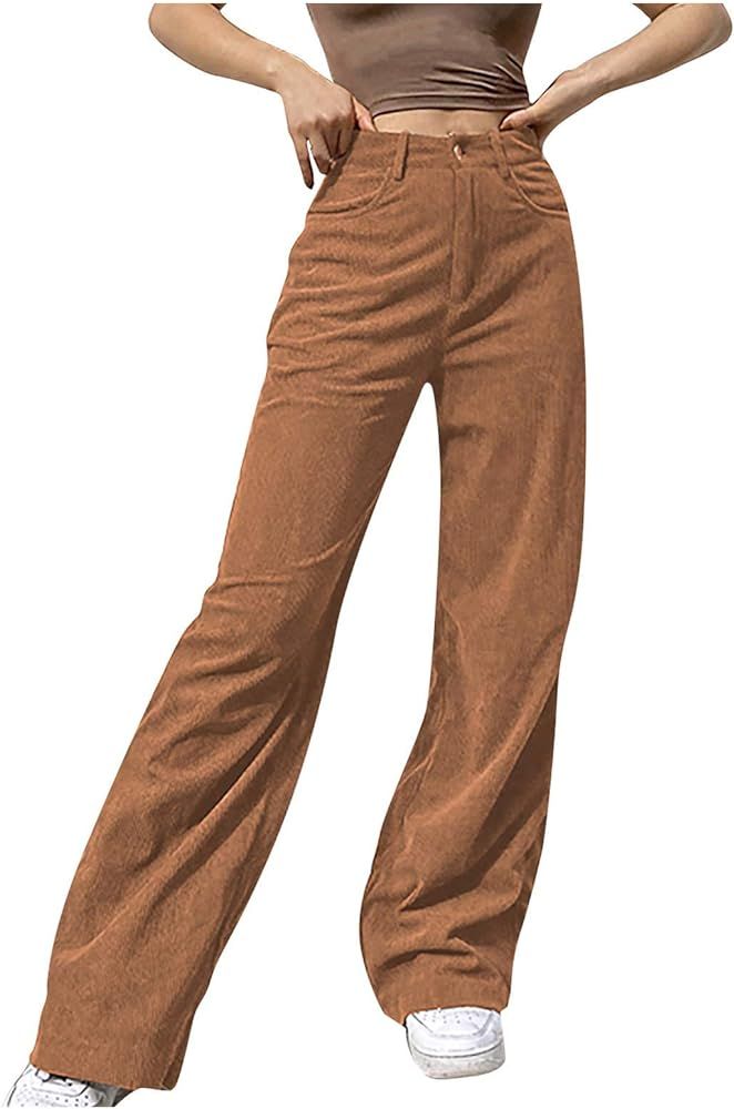 Corduroy Wide Leg Pants for Women High Waist Retro Straight Juniors Vintage Flared Bell Bottoms A... | Amazon (US)