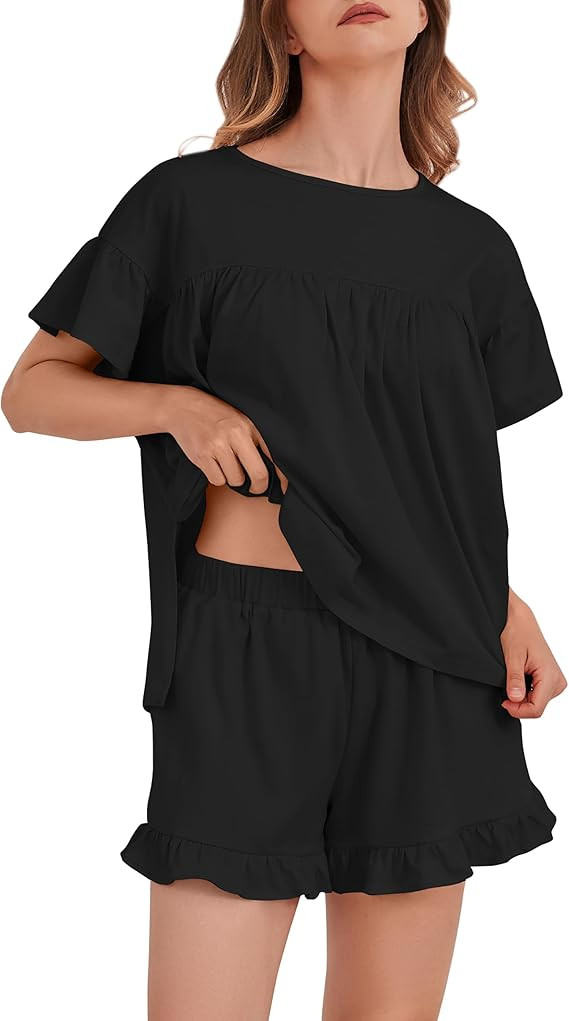 MISSACTIVER Women Pajama Sets Puff Half Sleeve Pleated Tunic Tops and Ruffle Hem Shorts Pj Sets C... | Amazon (US)