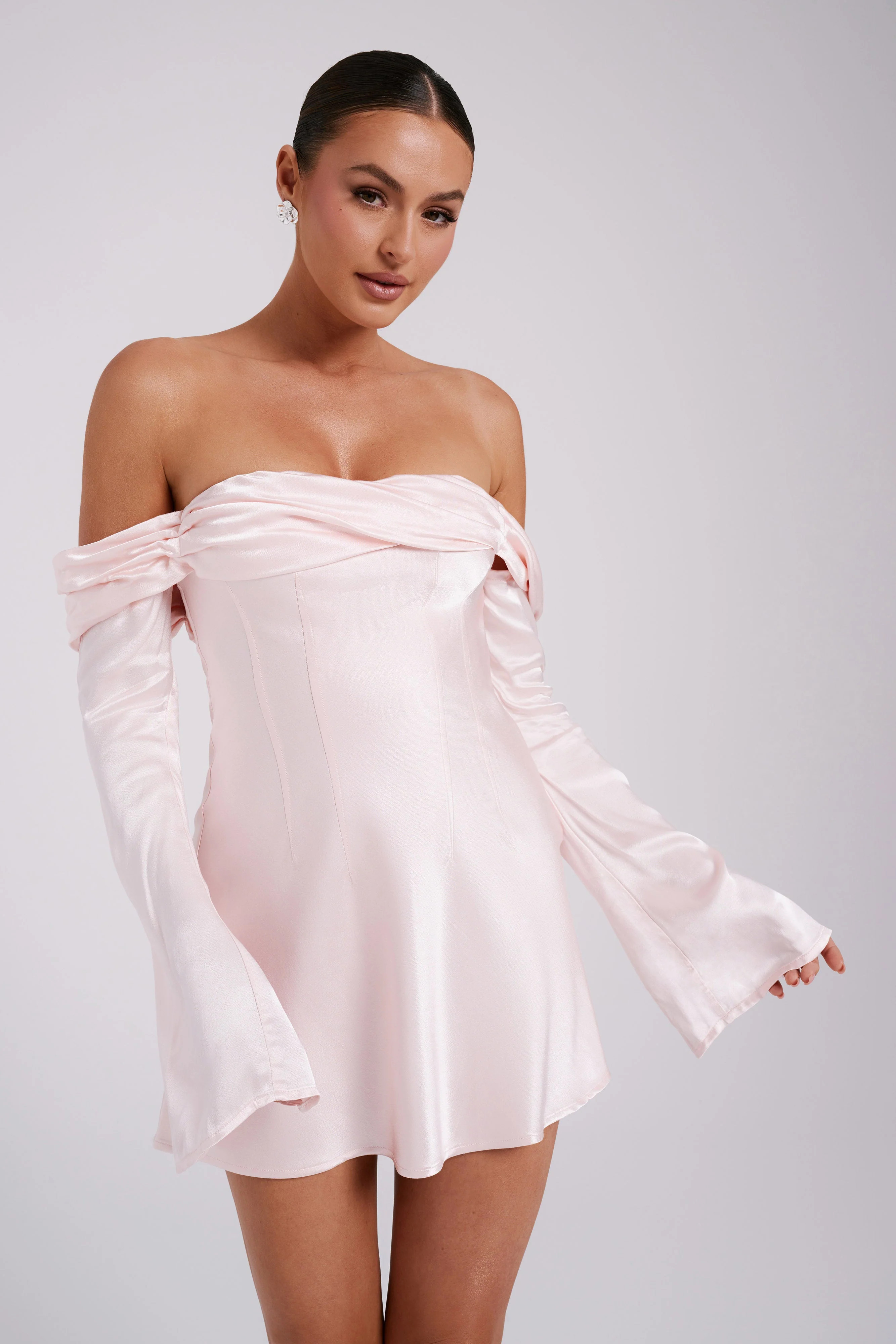 Giselle Off Shoulder Satin Mini Dress - Rosewater | MESHKI US
