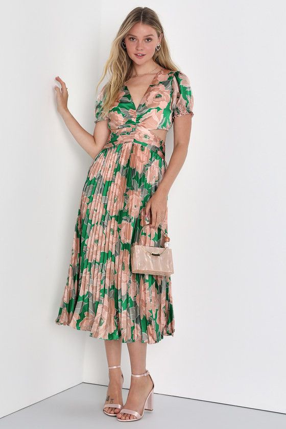 Treasured Beauty Green Floral Puff Sleeve Cutout Midi Dress | Lulus (US)
