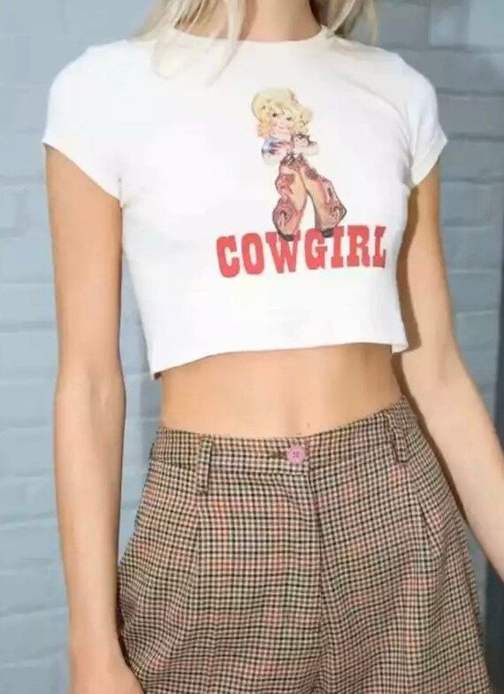 White Cotton Cowgirl Jersey Crop T Shirt Slogan Cartoon Girl Power | Etsy (US)