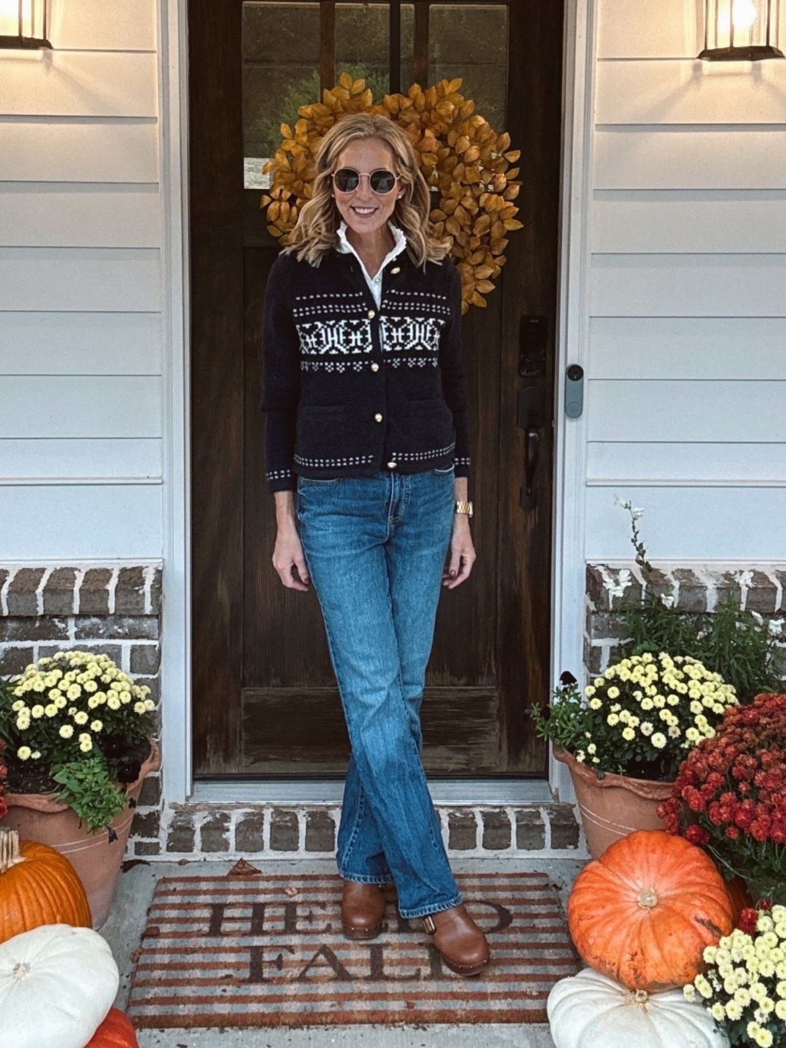 Holiday holiday ready! This free assembly fair aisle cardigan is classic, cozy, and a playful spin on a timeless pattern plus there is a matching little girls version as well wearing a size small with an Amazon ruffle neck top underneath. Walmart jeans to complete the look.  Size 0 jeans, size, small cardigan, size 4 shirt from Amazon.  

#LTKHoliday #LTKOver40 #LTKSeasonal