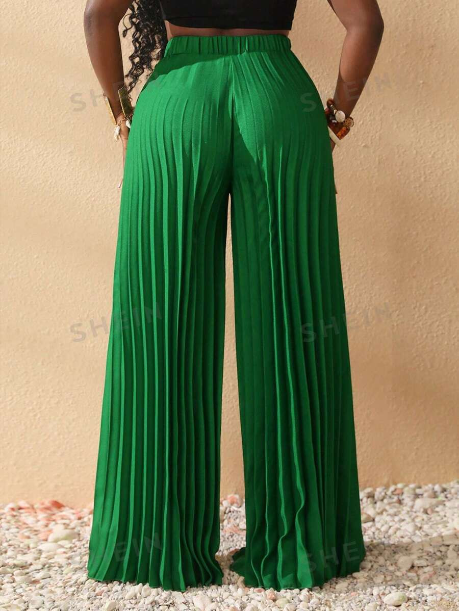 SHEIN Slayr Elegant Elastic Waist Dark Green Pleated Large-Footed Extra-Long Wide-Leg Pants For W... | SHEIN