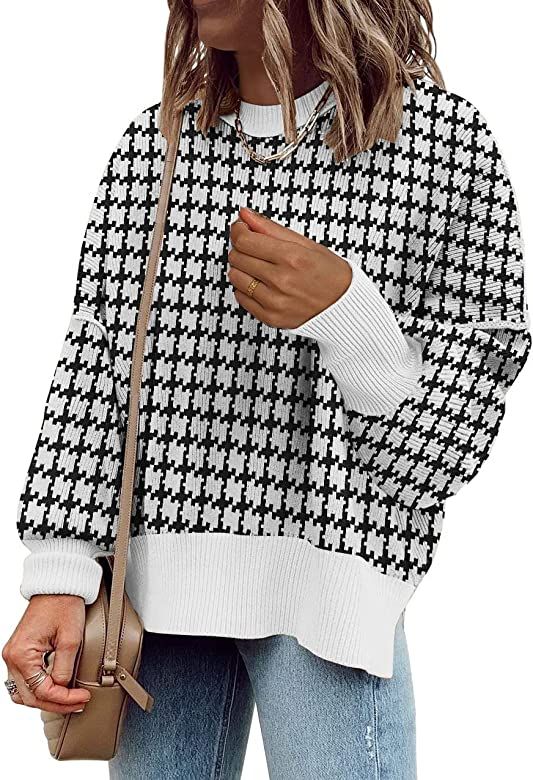 Womens Causal Crewneck Batwing Sleeve Knit Top Side Split Oversized Pullover Sweater Loose Jumper | Amazon (US)