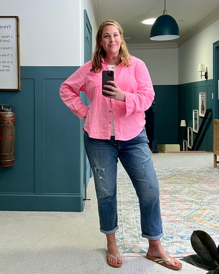Looooooving this linen shirt so much! And these are the first non-Madewell jeans I’ve had in a while. I don’t like them as much as my Madewell jeans, but they’re comfy for lounging around the house. And these flip flops are cute and actually have arch support 🙌🏻 

#LTKunder50 #LTKSeasonal #LTKstyletip