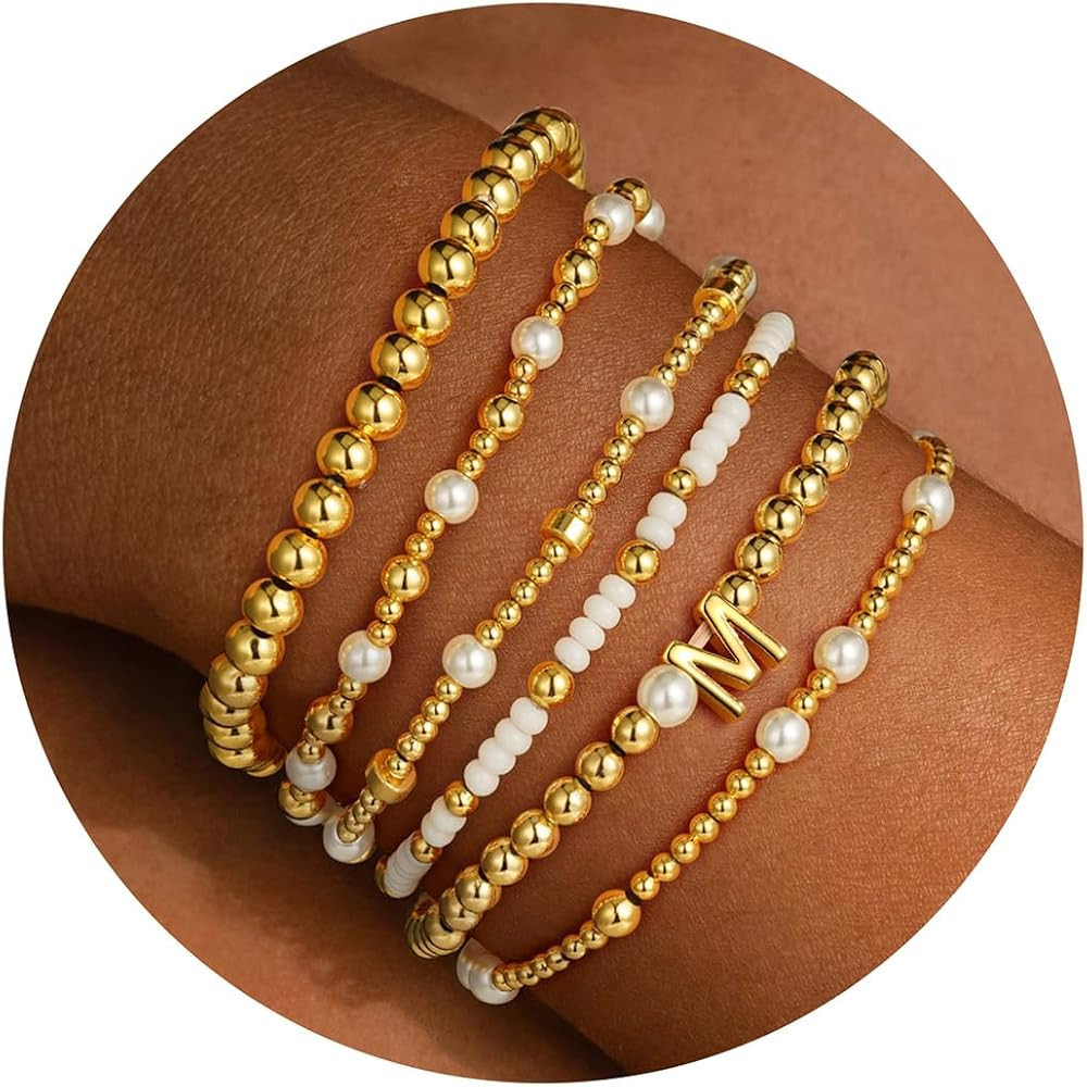 Turandoss 6PCS Beaded Initial Bracelets for Women, 18K Gold Plated Beaded Initial Letter Bracelet... | Amazon (US)