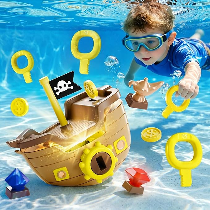 Funscape Kids Pool Diving Toy, Treasure Pirate Ship Diving Pool Game Water Play W/ Key Coin Gem, ... | Amazon (US)