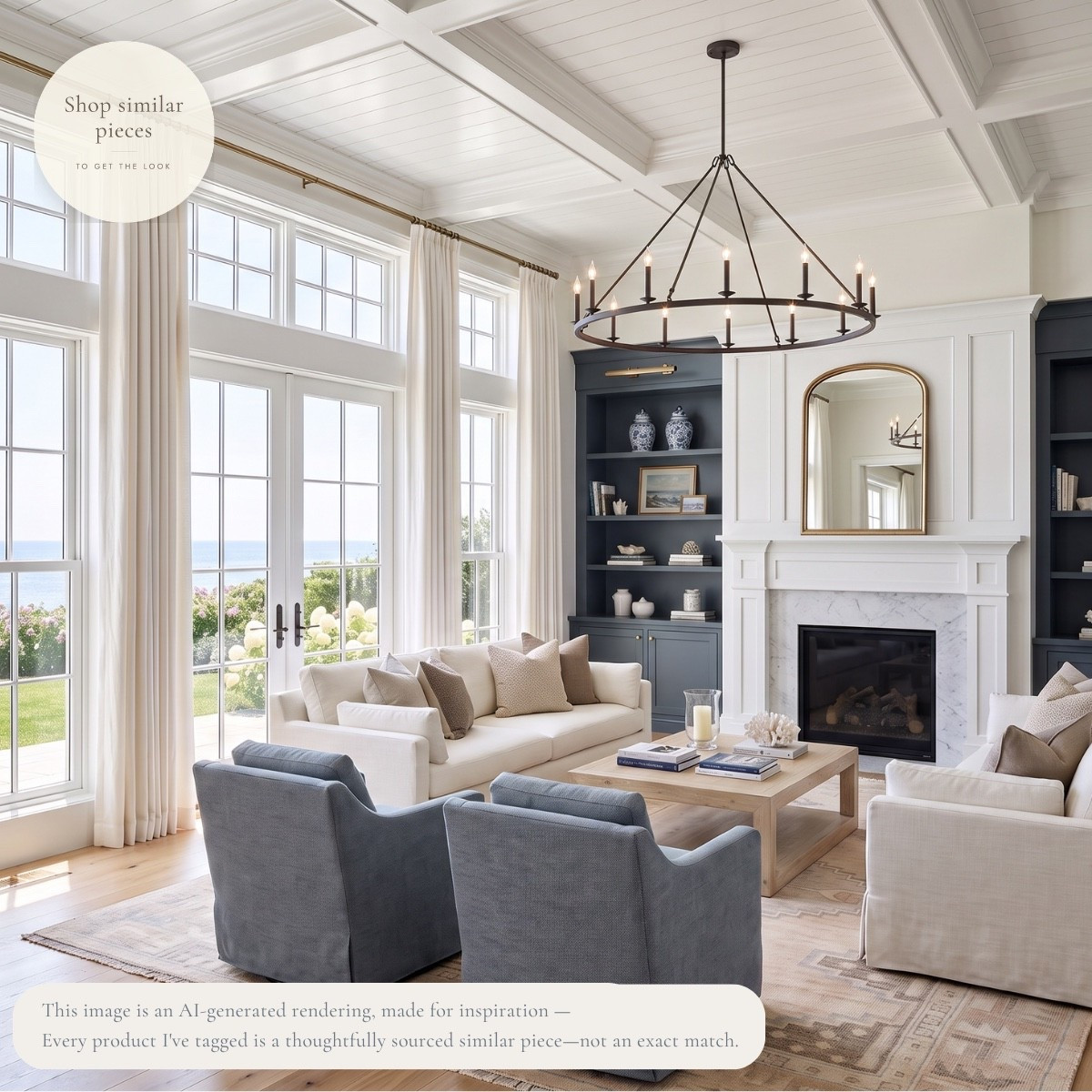 Rich blue built-ins, crisp white slipcovered seating, and warm oak create the kind of living room that always feels fresh. Inspired by the California coast, this space layers timeless finishes with soft texture for a look that's equal parts classic and relaxed. Browse the thoughtfully sourced similar pieces I chose to help you get the look. 🤍

AI-generated design concept for inspiration • Tagged products are thoughtfully sourced similar pieces, not exact matches • Affiliate links may be used. As an Amazon Associate, I earn from qualifying purchases. #ltkhome

#LTKHome