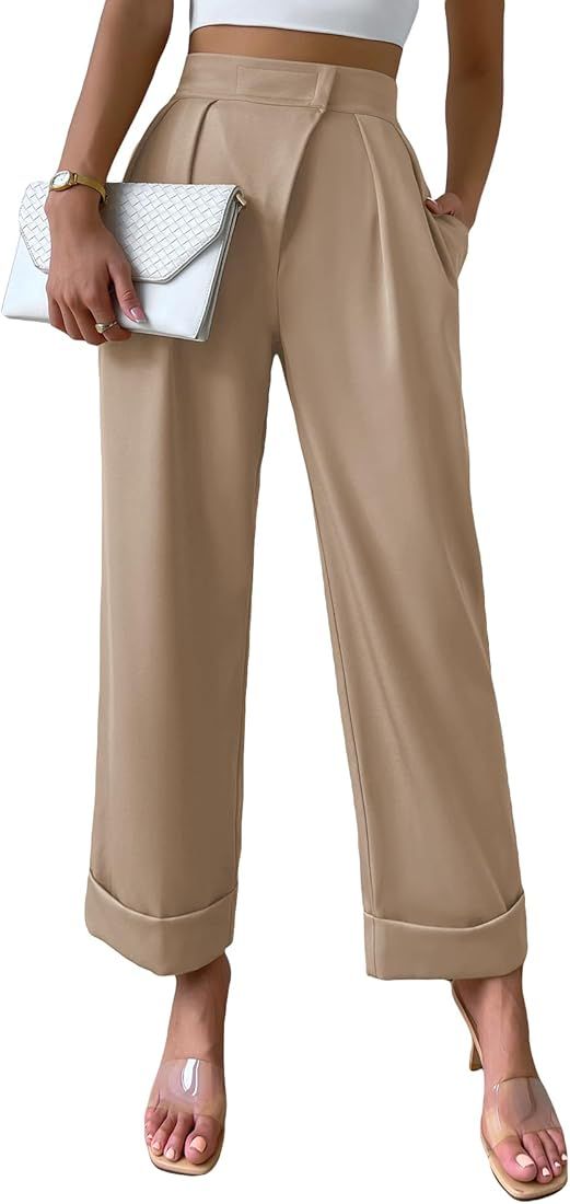 SweatyRocks Women's Elegant High Waist Roll Up Hem Pleated Wide Leg Pants with Pocket | Amazon (US)