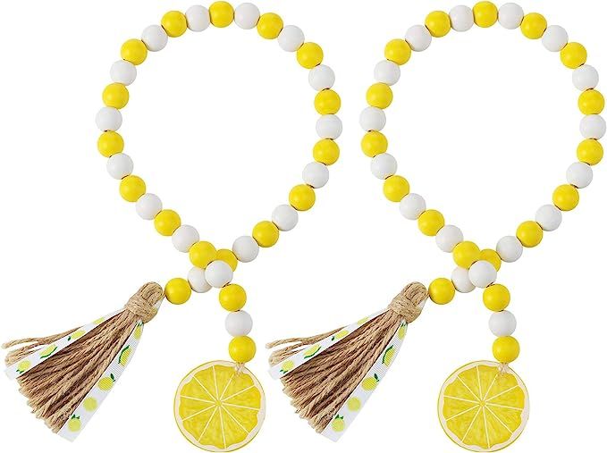 2 Pieces Lemon Wood Bead Garland with Tassels Farmhouse Rustic Lemonade Bead Garland with Lemonad... | Amazon (US)