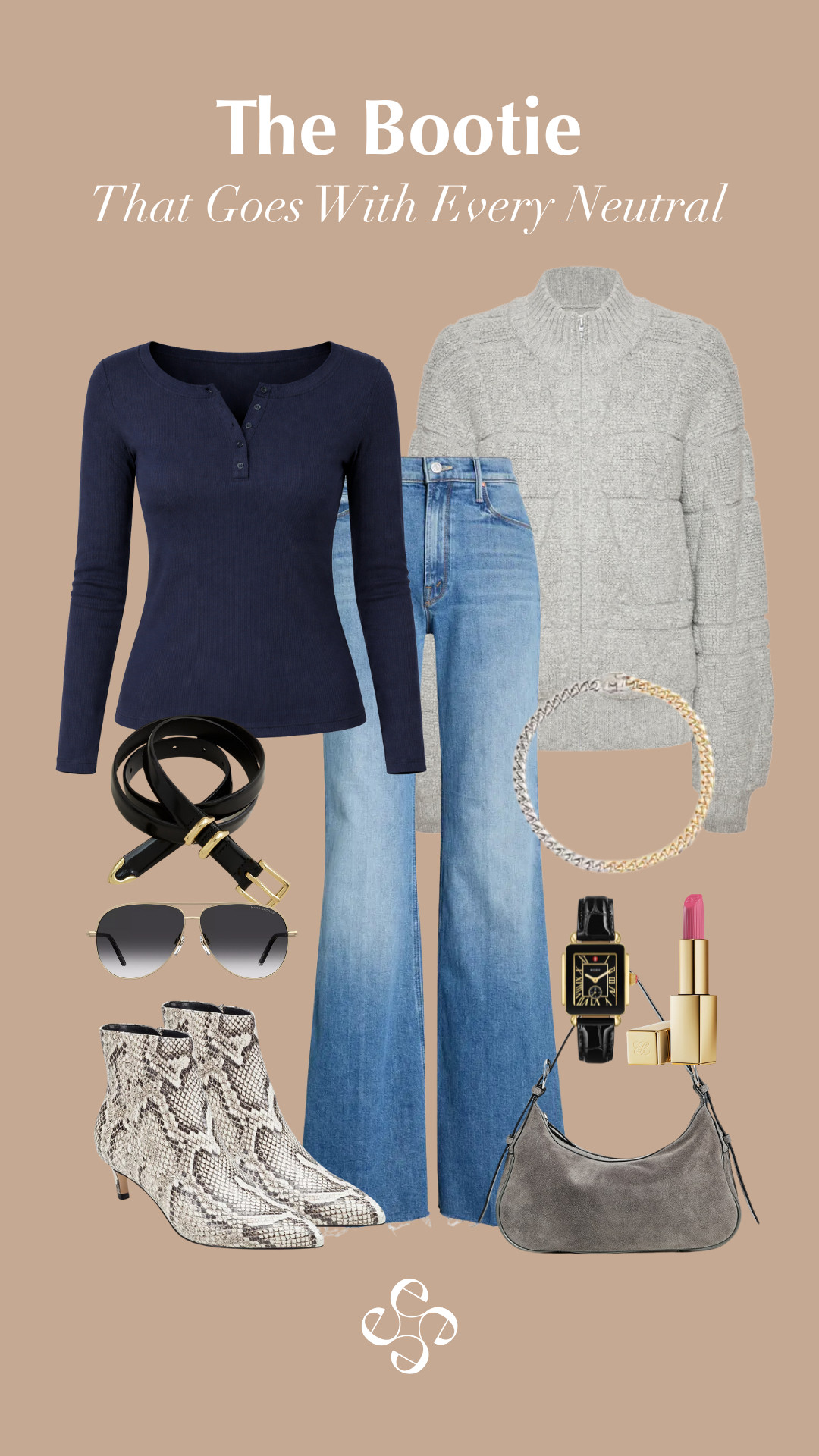 Neutral outfit with a statement boot: navy long sleeve henley, wide-leg light denim, light grey cardigan, and snakeskin print ankle booties. I added aviators, a suede shoulder bag, and a soft pink lip for an everyday chic look. These boots work with every neutral in your closet. 

 #LTKgrwm #LTKootd #LTKPetite