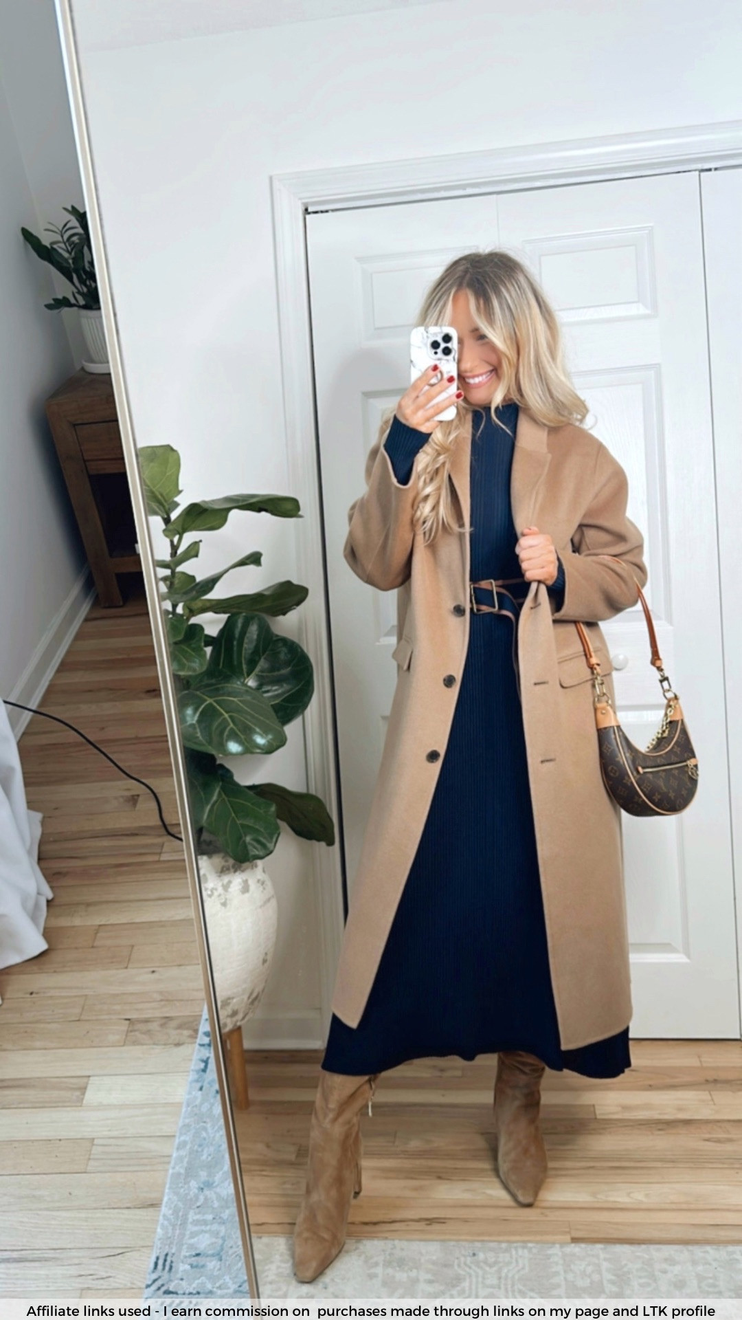 Camel midi coat and navy blue sweater dress and camel knee high boots

Classy winter outfit
Winter coat
Neutral style 

#LTKCyberWeek