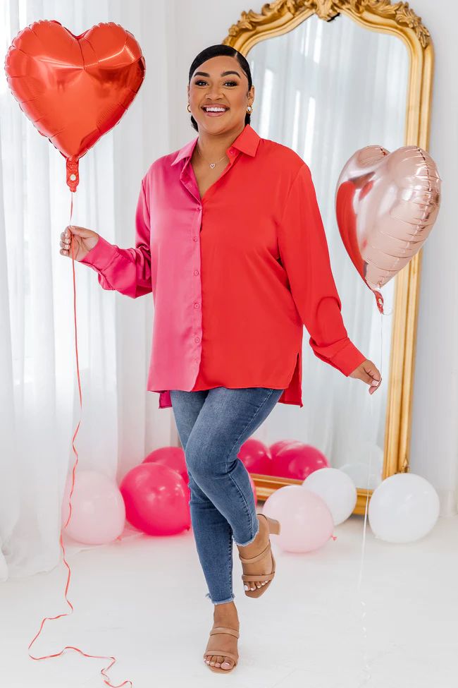 Eclipse Of The Heart Pink And Red Splice Satin Button Up Shirt | Pink Lily