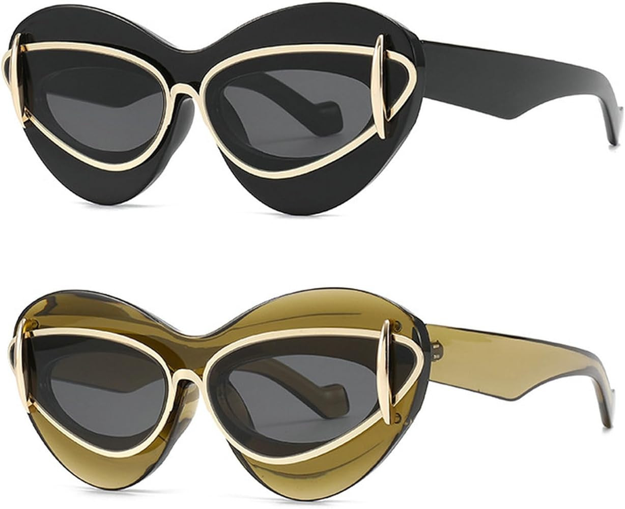 laureles 2PCS Fashion Cat Eye Y2K Sunglasses for Women Lips Shape Sun Glasses Men Black Shades UV... | Amazon (US)