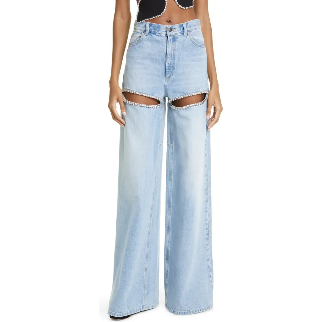 Area Crystal Slit Cotton Denim Wide Legs Jeans in Light Blue at Nordstrom, Size 28 | Nordstrom