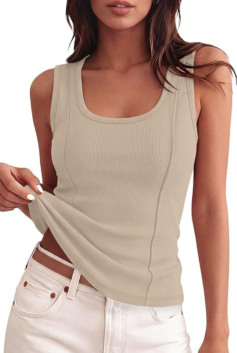 Tank Tops for Women Summer Scoop Neck Sleeveless Tops Ribbed Slim Fitted Basic Shirts Fashion Clo... | Amazon (US)