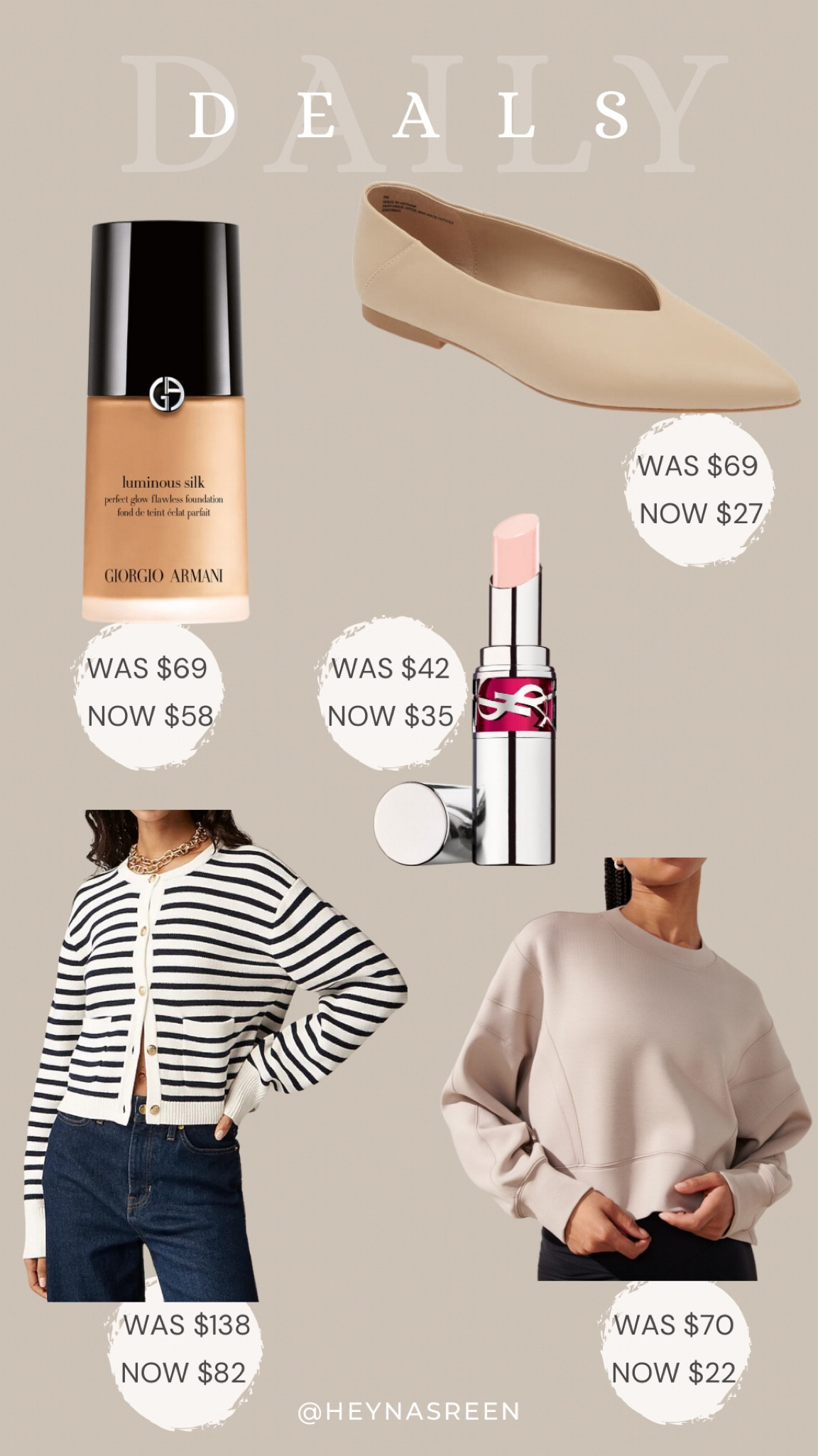 Daily deals on Armani foundation (shade: 6.25), Open Edit flats, YSL lip gloss (shade: 2), J.Crew lady jacket, Abercrombie crew neck 

#LTKSaleAlert