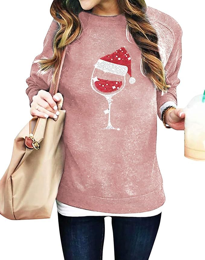 SUPEYA Women Red Wine Glass Christmas Sweatshirt Funny Christmas Pullover Xmas Santa Hat Graphic ... | Amazon (US)