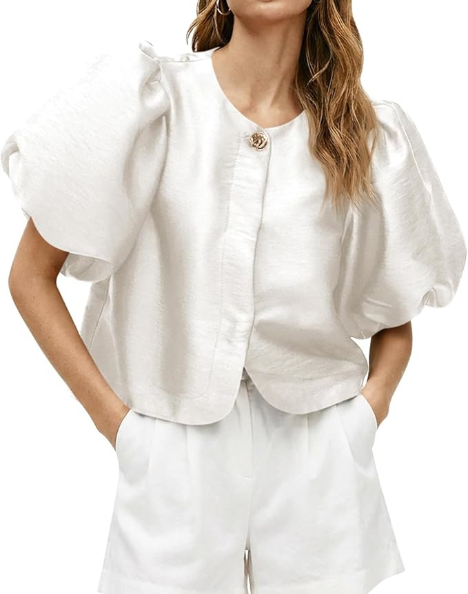 Cicy Bell Womens Silk Satin Shirts Puff Sleeve Button Down Dressy Blouses | Amazon (US)