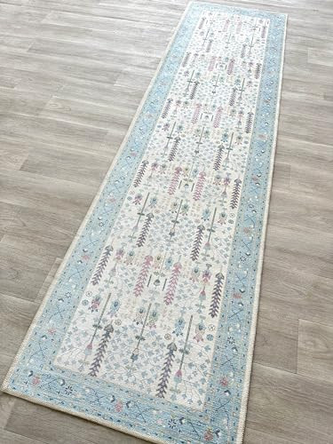 Fame Living Cream Blue Oushak Runner Rug, Modern Runners, Vintage, Turkish, Eclectic, Floral, Pastel, Washable, Runner for Hallway, Kitchen, Bedroom, Bathroom, 2'5"x9'8" | Amazon (US)