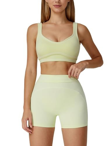 Two Piece Workout Sets for Women U Back Color Block Crop Tank Sports Bra Matching High Waist Booty Lifting Biker Shorts 2 Piece Gym Yoga Active Wear Outfits Womens Athletic Work Out Set Green S | Amazon (US)