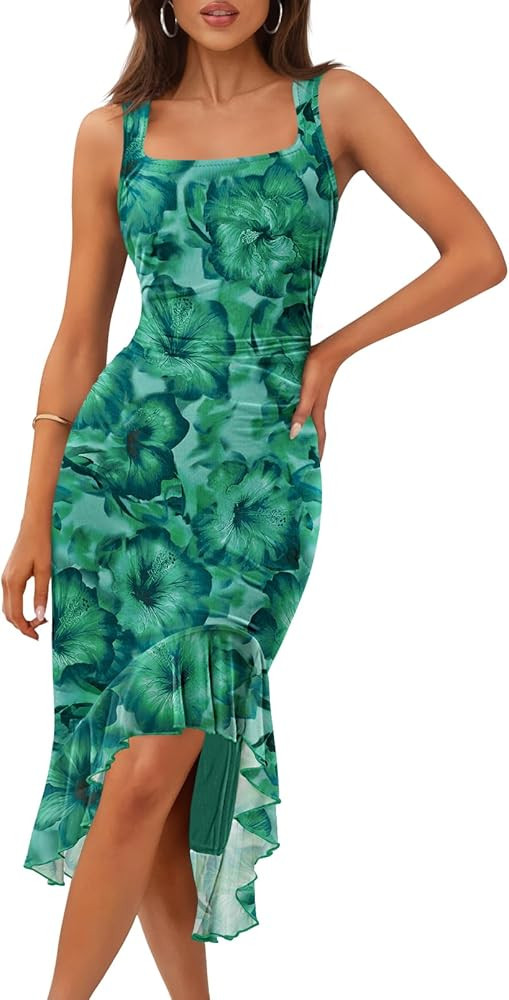 MEROKEETY Women's Summer Floral Bodycon Dress Square Neck Sleeveless Ruffle Hem Cocktail Mesh Mid... | Amazon (US)