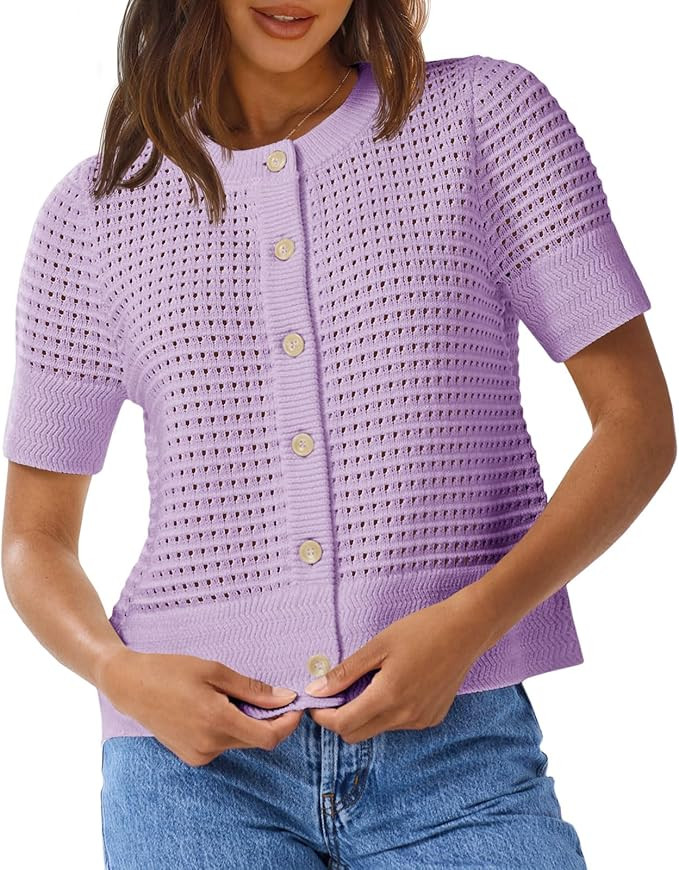Saodimallsu Womens Crochet Short Sleeve Cardigans Button Up Crew Neck Summer Beach Knit Sweater T... | Amazon (US)