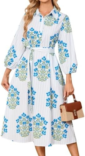 Womens Spring 2026 Casual Floral 3/4 Puff Sleeve Midi Shirt Dresses Button Down Belted Dress with... | Amazon (US)