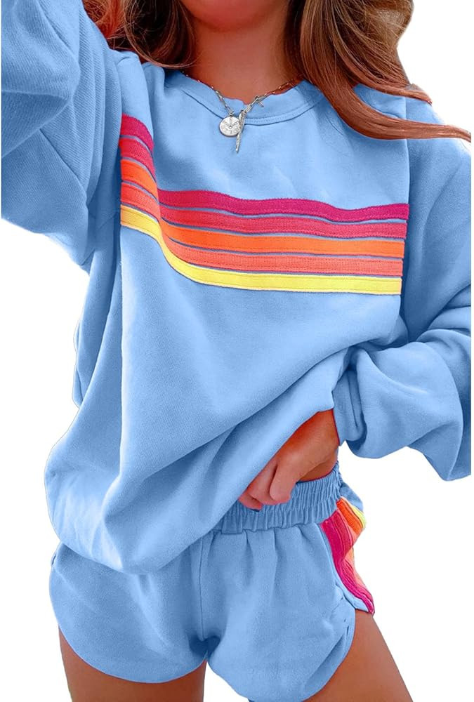 SELINK Women 2 Piece Outfits Sweatsuit Casual Striped Pullover and Shorts Sets Travel Tracksuit | Amazon (US)