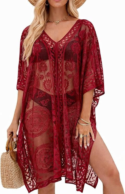 Sexy Elegant Lace Beach Cover Up for Women, Bathing Suit Cover Up, V-Neck Swimsuit Coverup for Po... | Amazon (US)