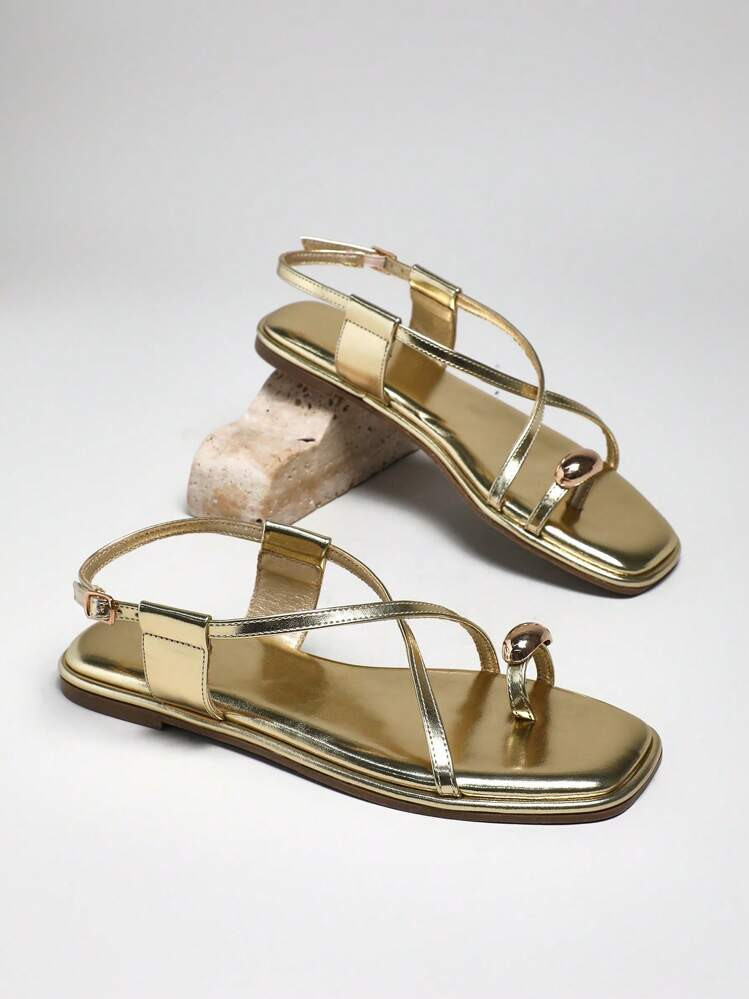 SHUZIA Women's Fashionable Casual Square -Toe With Strappy Thong Sandal, Gold Plate Ornament For Christmas Valentine's Day | SHEIN