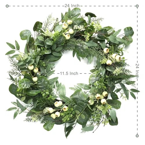 Artificial Eucalyptus Wreath with Glitter 24 Inch for Front Door, Green Spring Wreath with Big Wh... | Wayfair North America