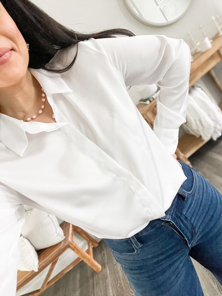 Spring Shirt. White shirt. White button down. Workwear. Satin Blouse. 

#LTKworkwear #LTKSeasonal #LTKmidsize