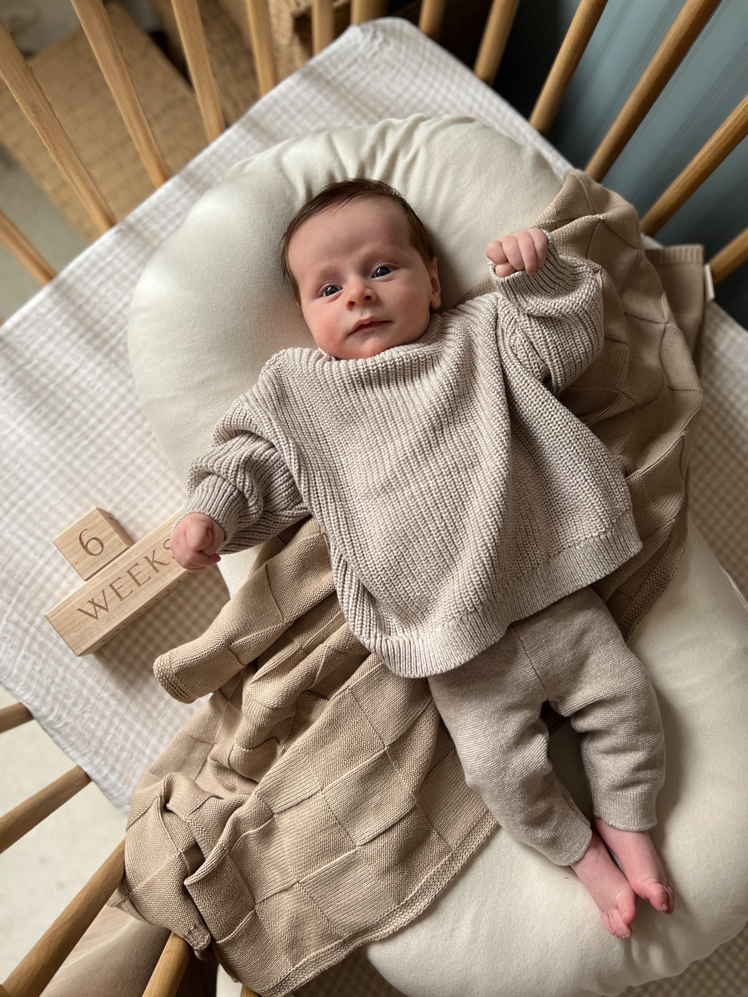 6 weeks with baby Rhys 🤍 dressed him up in a matching sweater set for the occasion instead of his normal pajamas all day - milestone photos, baby boy outfits, neutral baby outfits 

#LTKBaby