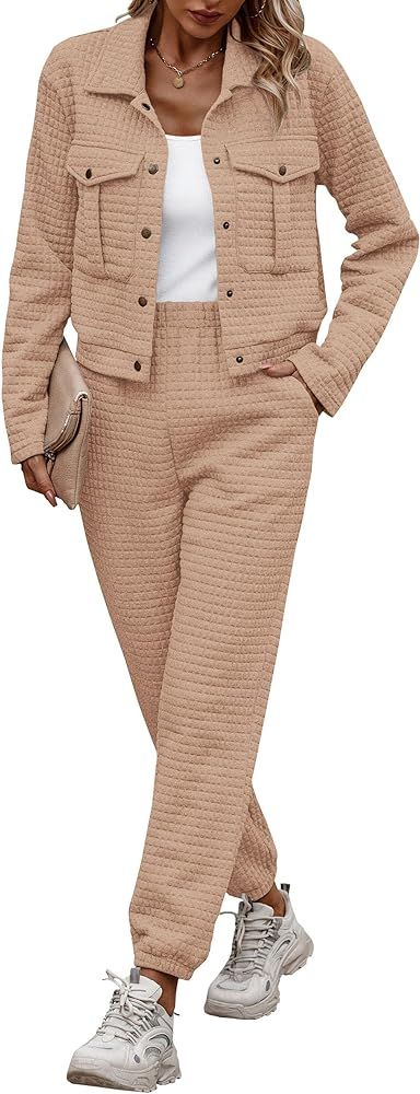 PRETTYGARDEN Womens 2023 Fall 2 Piece Outfits Tracksuit Long Sleeve Button Down Shacket Jacket Pockets Long Pants Casual Set | Amazon (US)