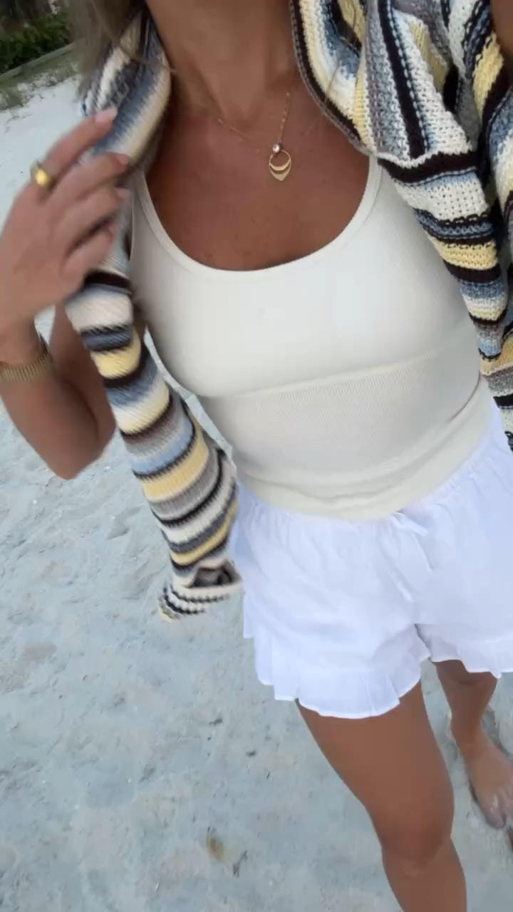 Easy beach outfit. Amazon scoop neck padded tank, @abercrombie  pull on ruffle linen shorts & cotton henley sweater.

Small in everything.

Spring outfit, summer outfit, capsule pieces, spring break outfit ideas

#LTKTravel #LTKootd #LTKSeasonal