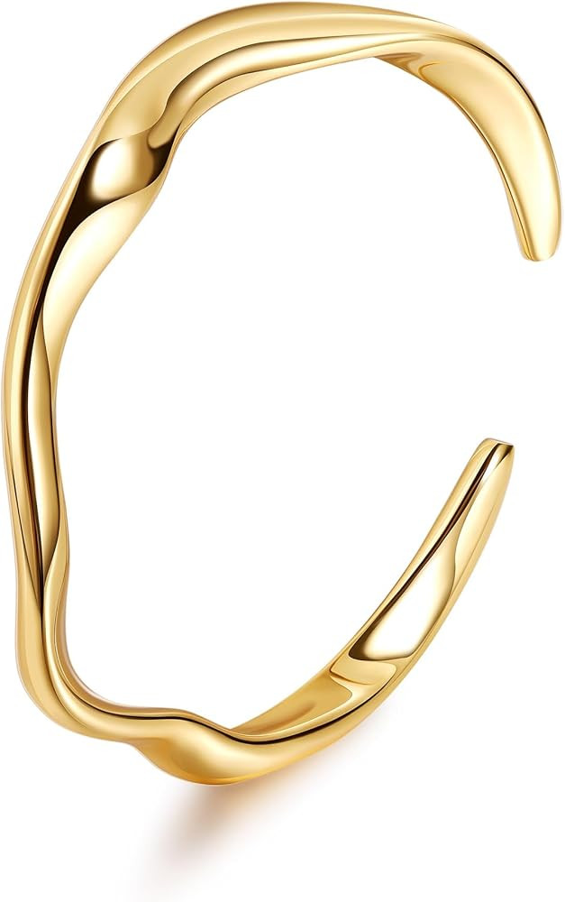 18K Gold Plated Cuff Bracelets for Women Open Adjustable Gold Cuff Bangle Bracelets Thick Hammere... | Amazon (US)