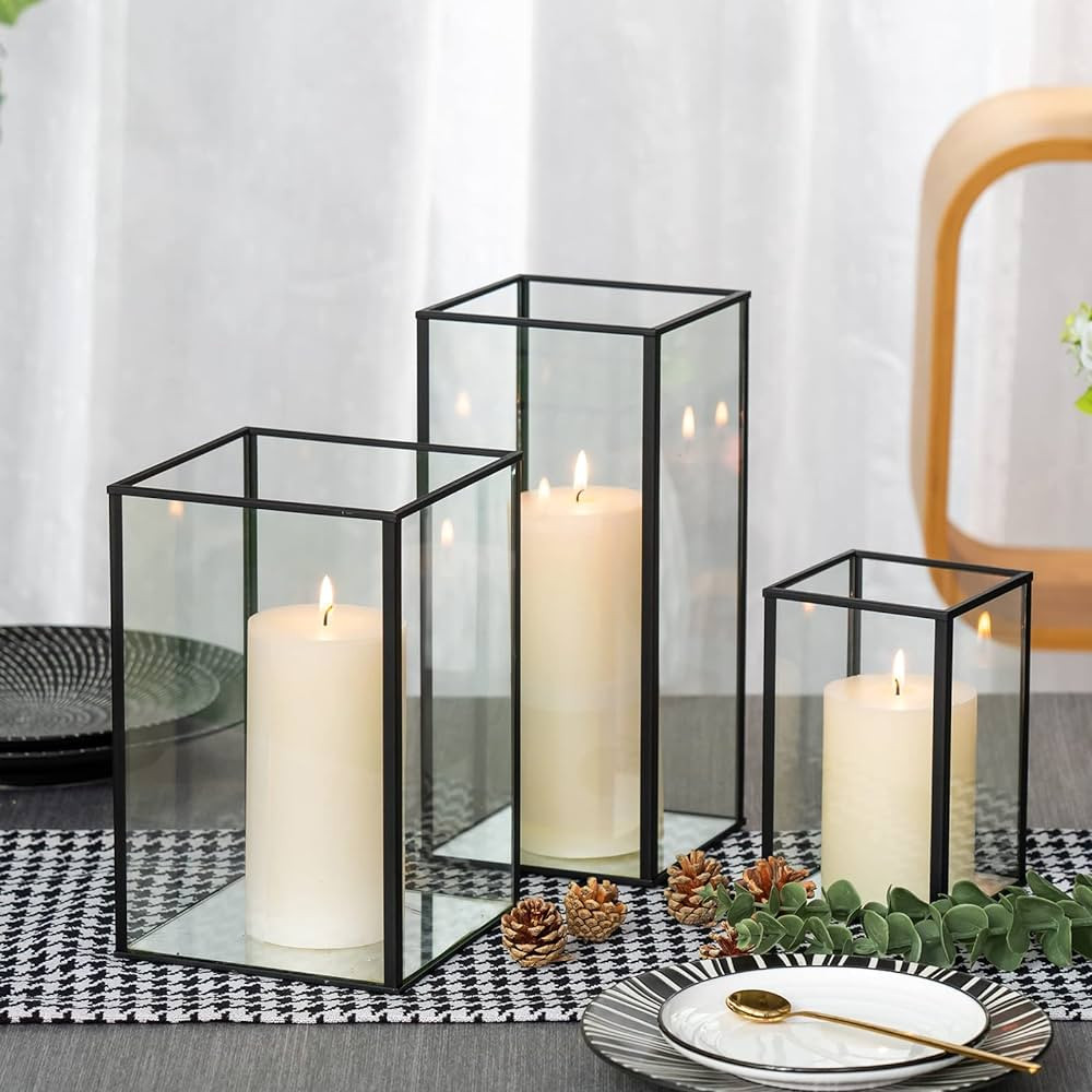 yshengood Glass Candle Holder 3 Pieces, Large Candle Holder, Square Hurricane Glass Candle Holder | Amazon (US)