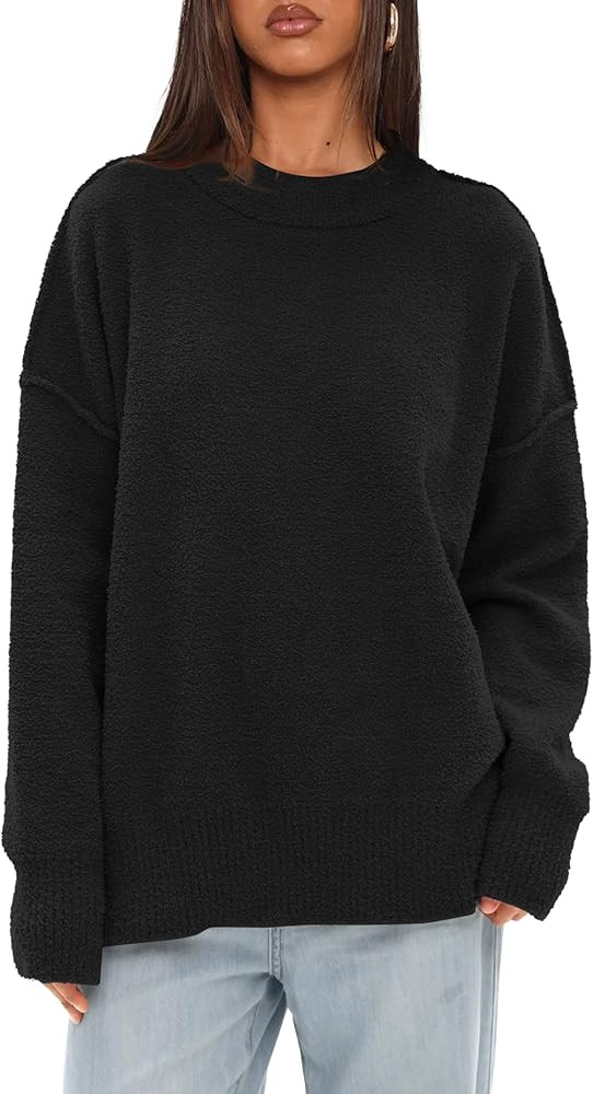 Darong Women Oversized Fuzzy Knit Sweater Long Sleeve Crew Neck Side Slit Pullover Sweaters Fall ... | Amazon (US)