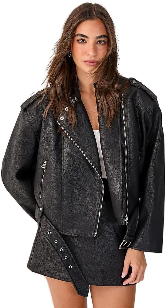 Nasty Gal Textured Belted Cropped Faux Leather Biker Jacket | Amazon (US)