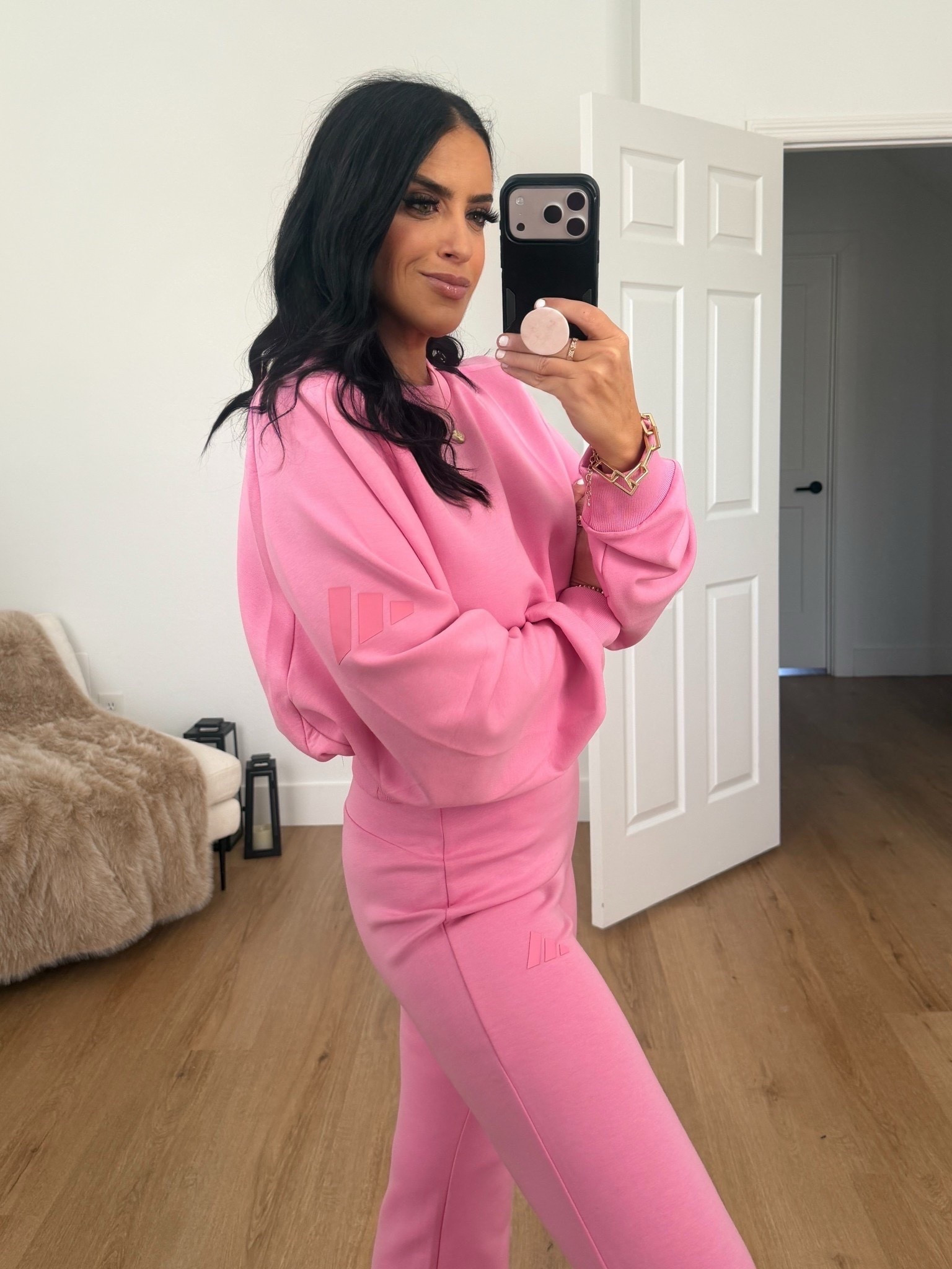 Adidas Soft lux loose sweatshirt wearing size medium. Adidas soft lux flared pants wearing small. 