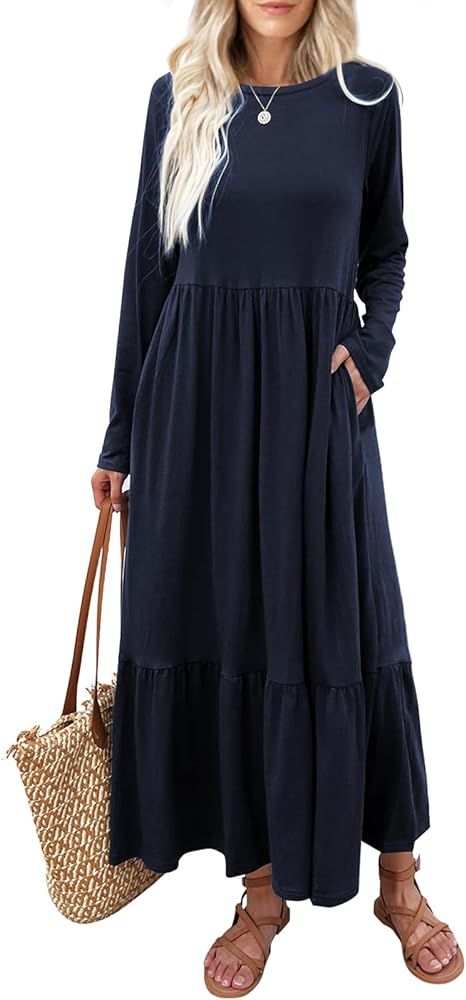 Mieazom Women's Long Sleeves Maxi Dress Casual Loose Tiered Flowy Swing Beach Long Dresses with P... | Amazon (US)
